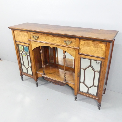 2136 - A Victorian Arts & Crafts mahogany sideboard, with inlaid satinwood decoration, single drawer, two m... 