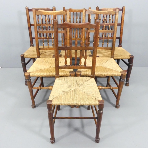 2145 - A harlequin set of six north country style dining chairs, with bobbin turned backs and rush seats.