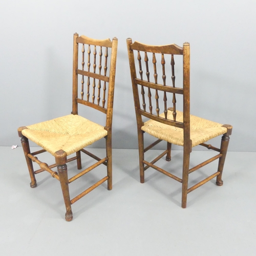 2145 - A harlequin set of six north country style dining chairs, with bobbin turned backs and rush seats.