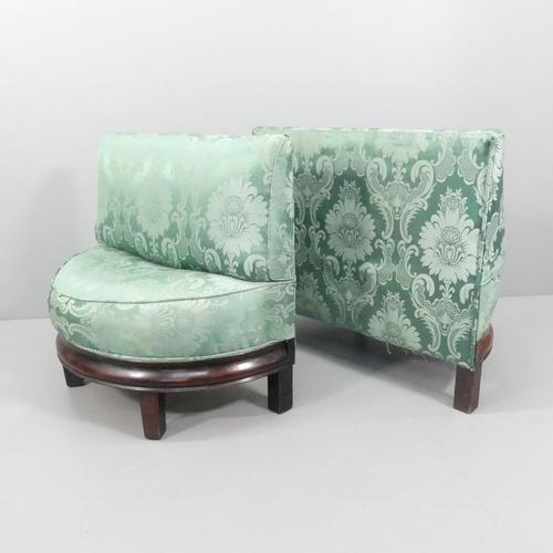 2215 - A pair of oriental style oak and upholstered demi-lune hall seats. Each overall 90x83x50cm, seat (ma... 