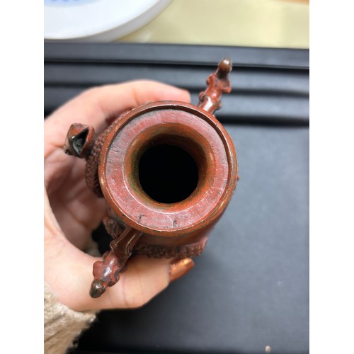 236 - A Japanese red/brown patinated bronze miniature vase, with entwined serpent body, height 11cm