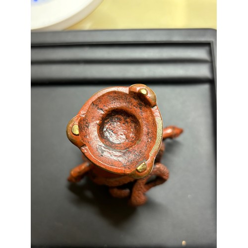 236 - A Japanese red/brown patinated bronze miniature vase, with entwined serpent body, height 11cm