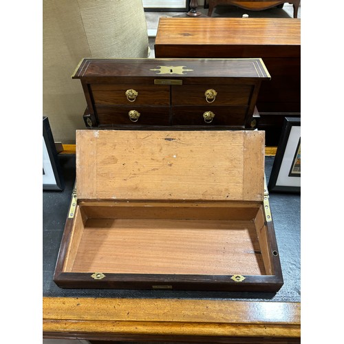 92 - An unusual 19th century brass-bound rosewood campaign travelling writing box, with rising drawer-fit... 