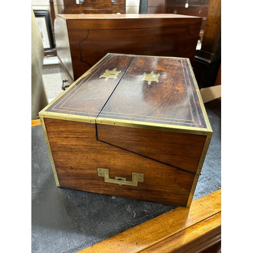 92 - An unusual 19th century brass-bound rosewood campaign travelling writing box, with rising drawer-fit... 