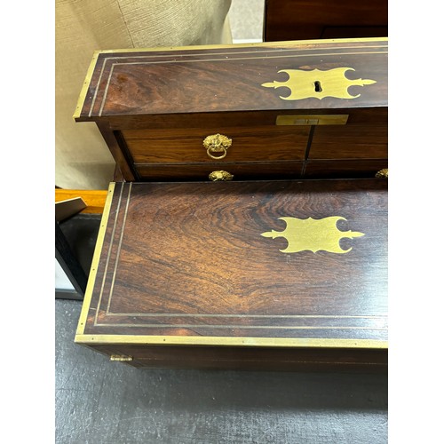 92 - An unusual 19th century brass-bound rosewood campaign travelling writing box, with rising drawer-fit... 