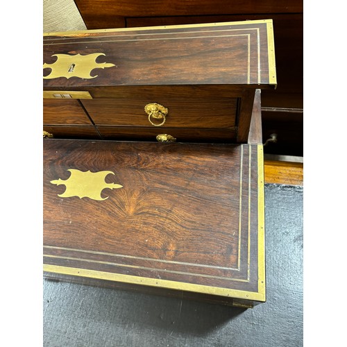 92 - An unusual 19th century brass-bound rosewood campaign travelling writing box, with rising drawer-fit... 