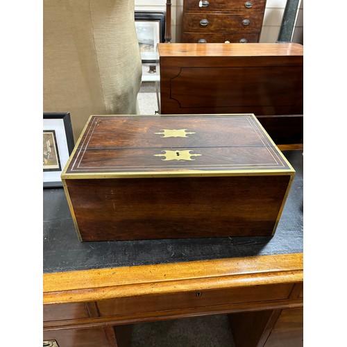 92 - An unusual 19th century brass-bound rosewood campaign travelling writing box, with rising drawer-fit... 