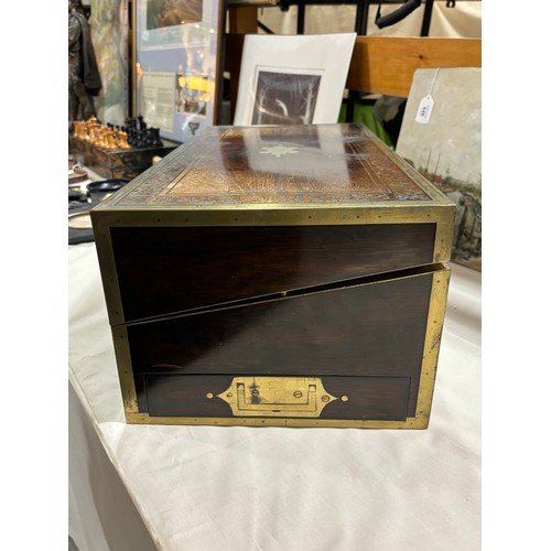 93 - A fine quality 19th century brass-bound rosewood campaign writing box, inlaid brass marquetry bands,... 