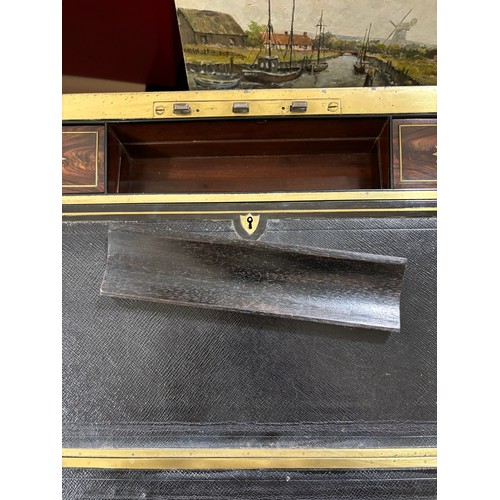 93 - A fine quality 19th century brass-bound rosewood campaign writing box, inlaid brass marquetry bands,... 