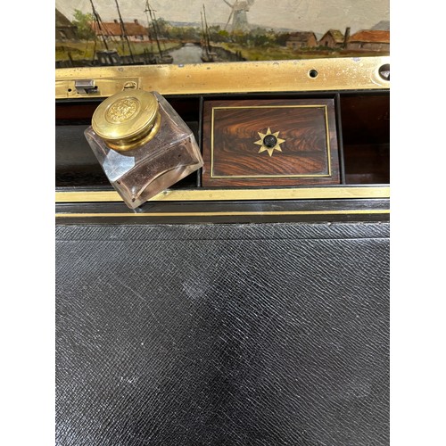 93 - A fine quality 19th century brass-bound rosewood campaign writing box, inlaid brass marquetry bands,... 