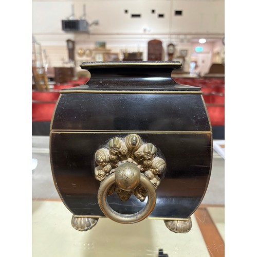 48 - 19th century ebony and brass inlaid rectangular box, with barrel sides, heavy gilt-brass ring handle... 