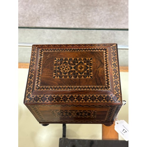 17 - A small 19th century Tunbridge Ware and rosewood jewel cabinet, inlaid micro-mosaic bands, with hing... 