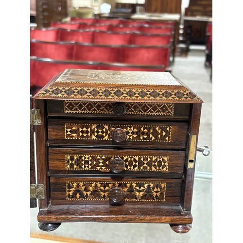 17 - A small 19th century Tunbridge Ware and rosewood jewel cabinet, inlaid micro-mosaic bands, with hing... 