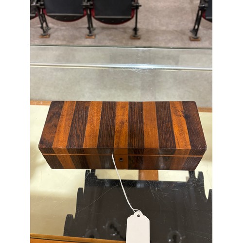 32 - 19th century Tunbridge Ware rosewood and satinwood stripe veneer box with hinged lid, 24cm x 9cm, he... 