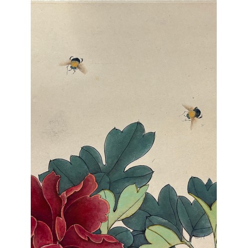 217 - 20th century Chinese School, watercolour scroll painting, chrysanthemum and bees, mounted on silk gr... 