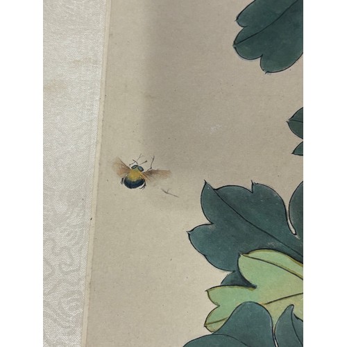 217 - 20th century Chinese School, watercolour scroll painting, chrysanthemum and bees, mounted on silk gr... 