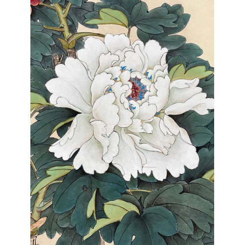 217 - 20th century Chinese School, watercolour scroll painting, chrysanthemum and bees, mounted on silk gr... 