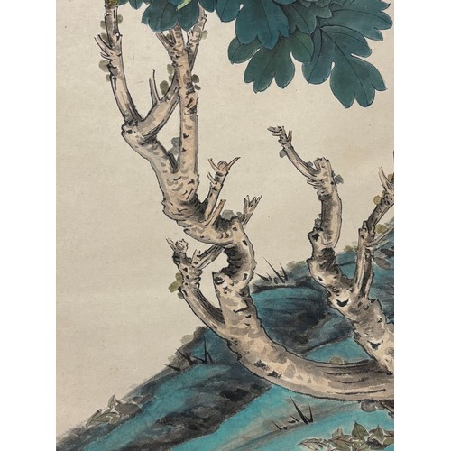 217 - 20th century Chinese School, watercolour scroll painting, chrysanthemum and bees, mounted on silk gr... 