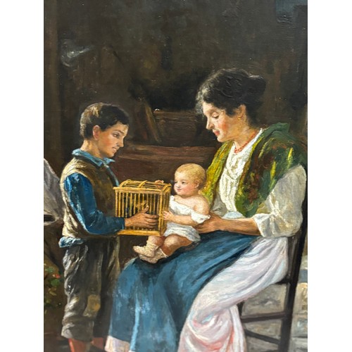 737 - F Pappacena, Italian cottage interior scene, large oil on canvas, signed, 76cm x 102cm, framed