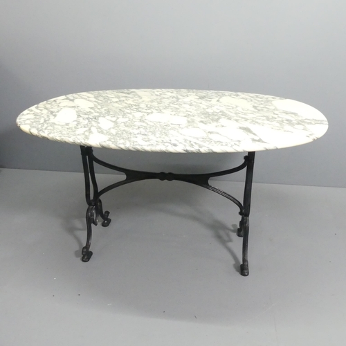 2049 - An oval Arabescato Corchia marble topped table on cast iron base. 140x74x100cm.