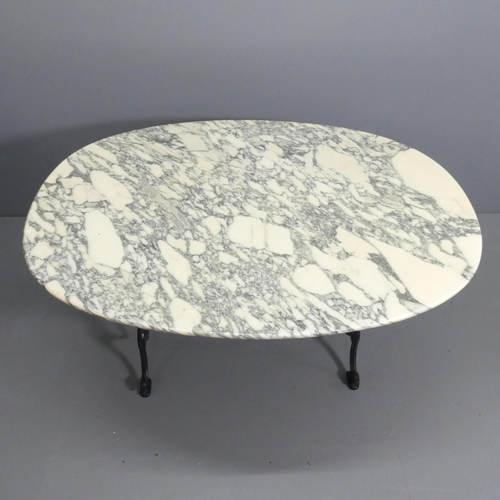 2049 - An oval Arabescato Corchia marble topped table on cast iron base. 140x74x100cm.