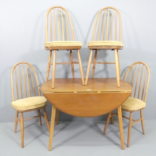 2056 - A mid-century elm drop-leaf dining table, 111x73x64cm (extending to 125cm), with four matching chair... 