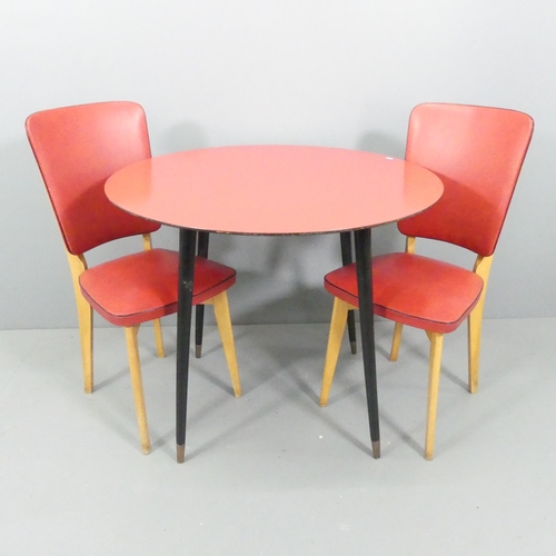 2059 - A mid-century circular formica topped table on ebonised legs, with a pair of similar chairs. 90x76cm... 