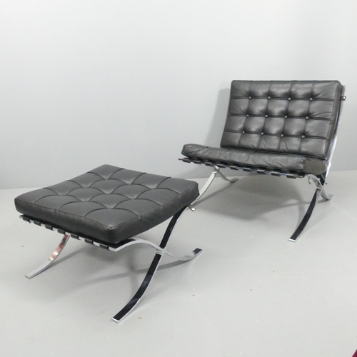 2071 - A black leather Barcelona lounge chair in the manner of Mies Van der Rohe, with matching footstool.