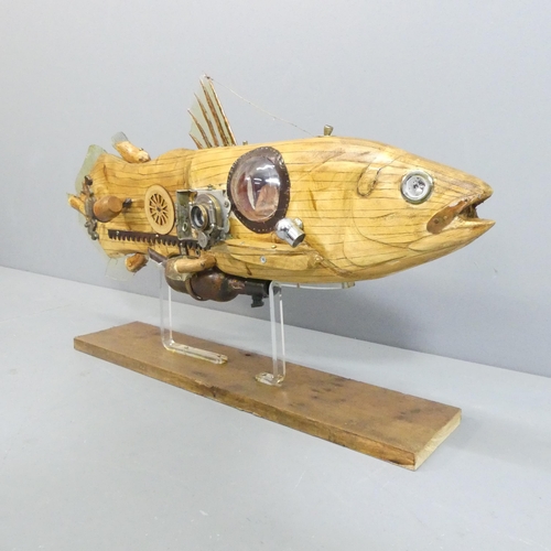 2082 - CLIVE FREDRIKSSON - A steampunk inspired coelacanth sculpture. 85x48x20cm.