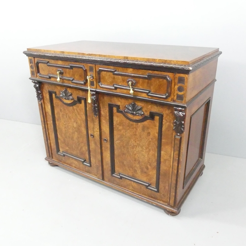 2140 - A 19th century figured walnut veneered sideboard, with applied ebonised carved decoration, two drawe... 