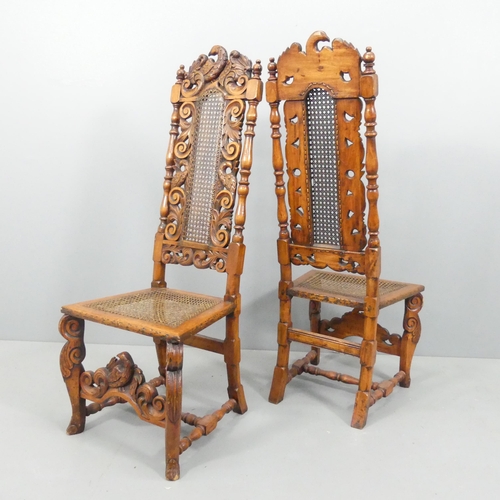 2143 - A pair of 19th century yew-wood and mahogany Carolean style hall chairs, with cane panelled backs an... 