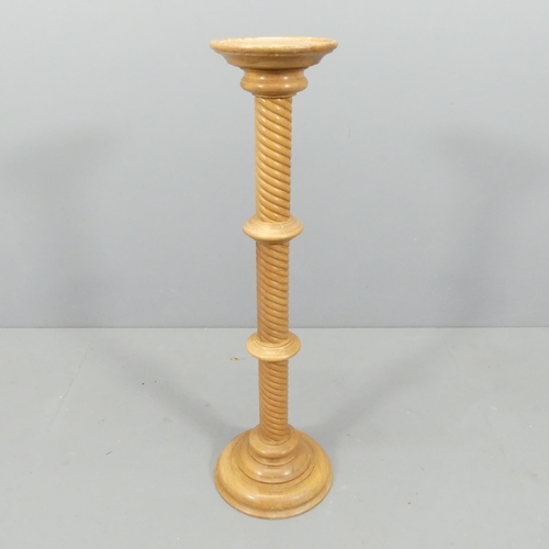 2157 - A light oak 3 sectional spiral turned column. H - 100cm.