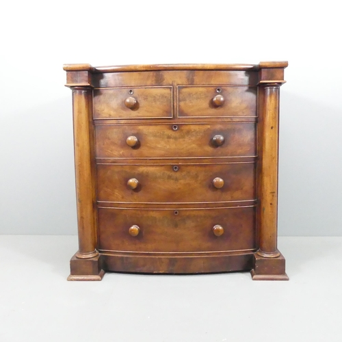 2160 - A Victorian flame mahogany veneered bow-front chest of two short and three long drawers, with decora... 