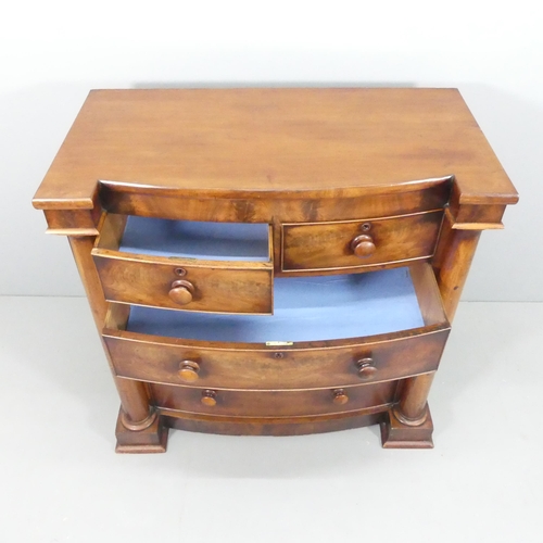 2160 - A Victorian flame mahogany veneered bow-front chest of two short and three long drawers, with decora... 