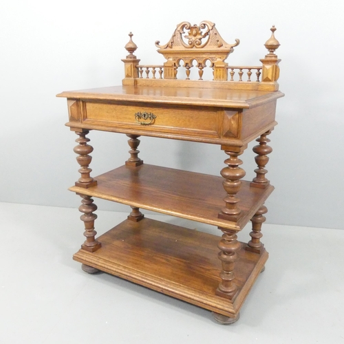 2170 - A 19th century French three tier buffet, with raised back, single drawer, turned supports and bun fe... 