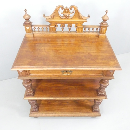 2170 - A 19th century French three tier buffet, with raised back, single drawer, turned supports and bun fe... 