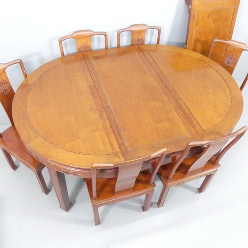 2182 - A modern Chinese teak draw-leaf extending dining table, 163 (extending to 213cm)x77x114cm, and six m... 