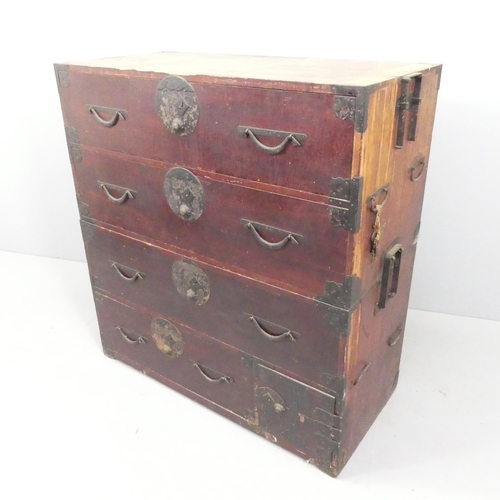 2205 - A vintage Japanese kiri wood two-section tansu chest. 102x105x47cm.