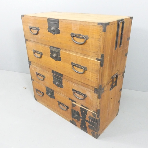 2206 - A vintage Japanese kiri wood two-section tansu chest. 95x104x46cm.