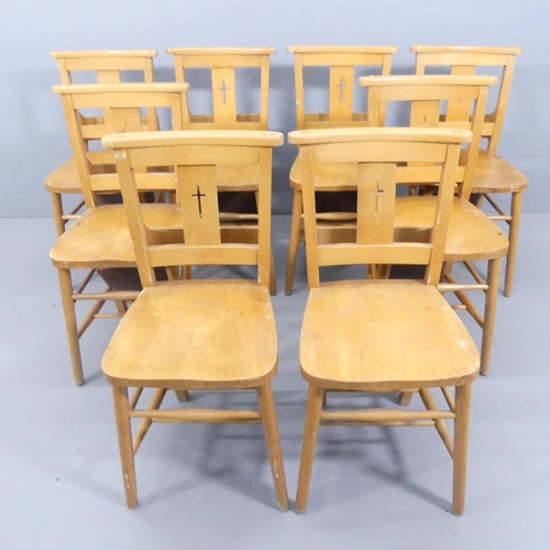 2223 - A set of eight elm seated chapel chairs, with folding leather upholstered kneeling cushions.