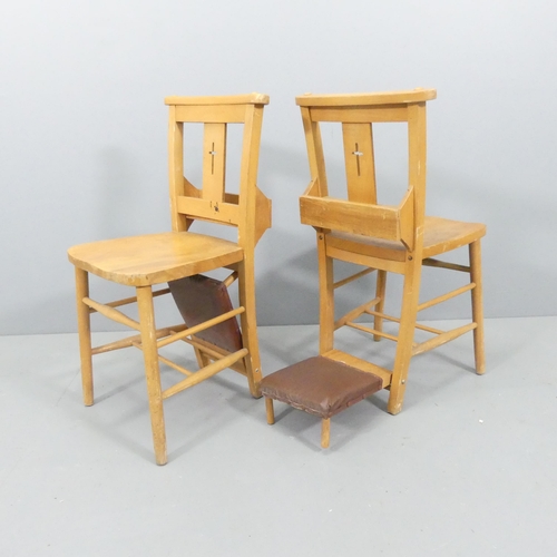 2223 - A set of eight elm seated chapel chairs, with folding leather upholstered kneeling cushions.