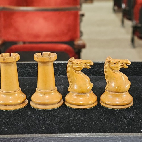 209 - Jaques Staunton pattern chess set, boxwood and ebonised, King stamped Jaques London, in original mah... 