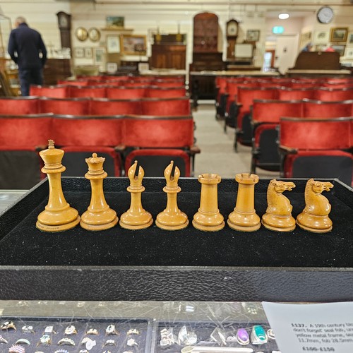 209 - Jaques Staunton pattern chess set, boxwood and ebonised, King stamped Jaques London, in original mah... 