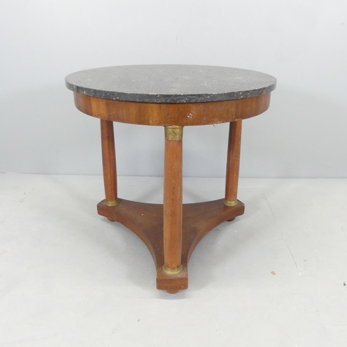 2503 - A French mahogany marble-topped Gueridon / centre table, raised on three turned legs with platform b... 