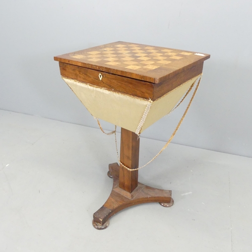 2550 - A 19th century rosewood and satinwood inlaid games-top sewing table, raised on square central column... 