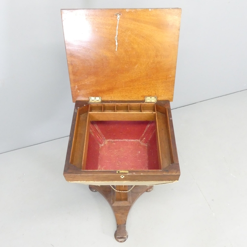 2550 - A 19th century rosewood and satinwood inlaid games-top sewing table, raised on square central column... 