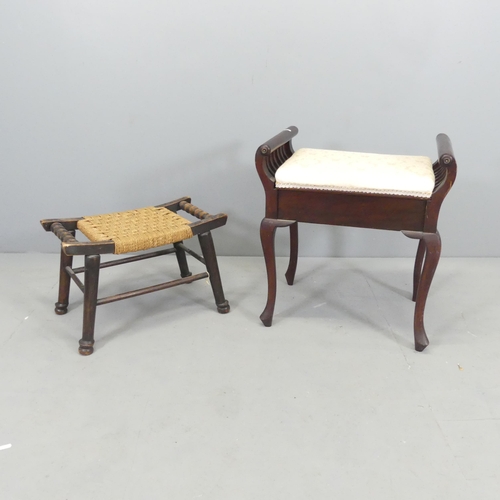 2554 - An Arts & Crafts style mahogany and upholstered piano stool, 56x61x38cm, and another rush seated foo... 