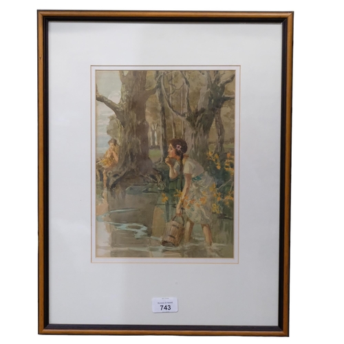 518 - Girl collecting water from a lake, early 20th century watercolour, unsigned, 27cm x 20cm, framed