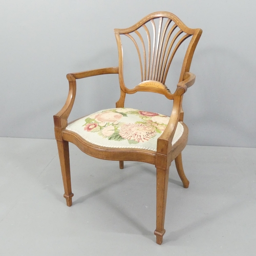 2692 - WITHDRAWN - An Edwardian mahogany and satinwood inlaid open armchair with needlepoint upholstered se... 