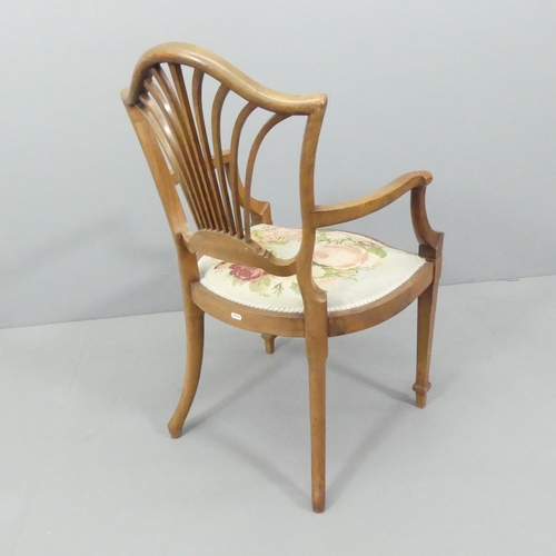 2692 - WITHDRAWN - An Edwardian mahogany and satinwood inlaid open armchair with needlepoint upholstered se... 